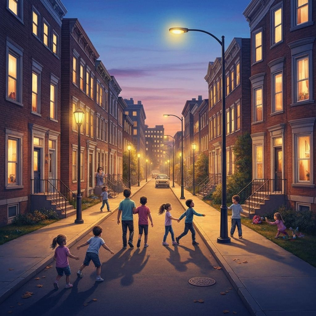 Twilight city street with families and community gathering